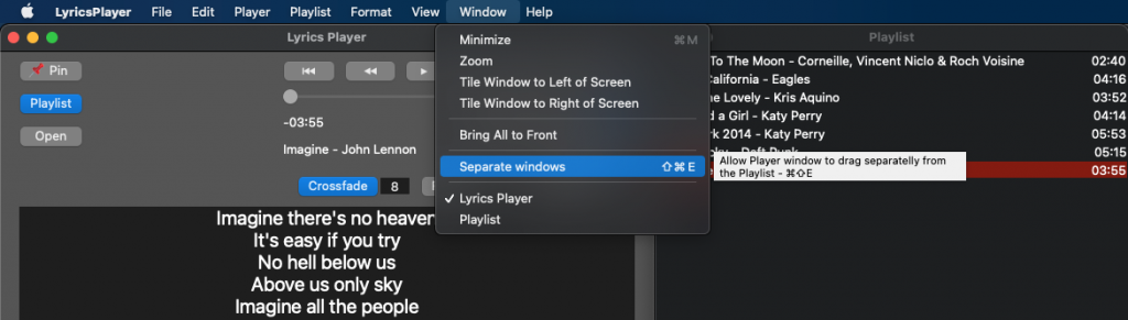 Separate windows - Lyrics Player Separate windows - Lyrics Player